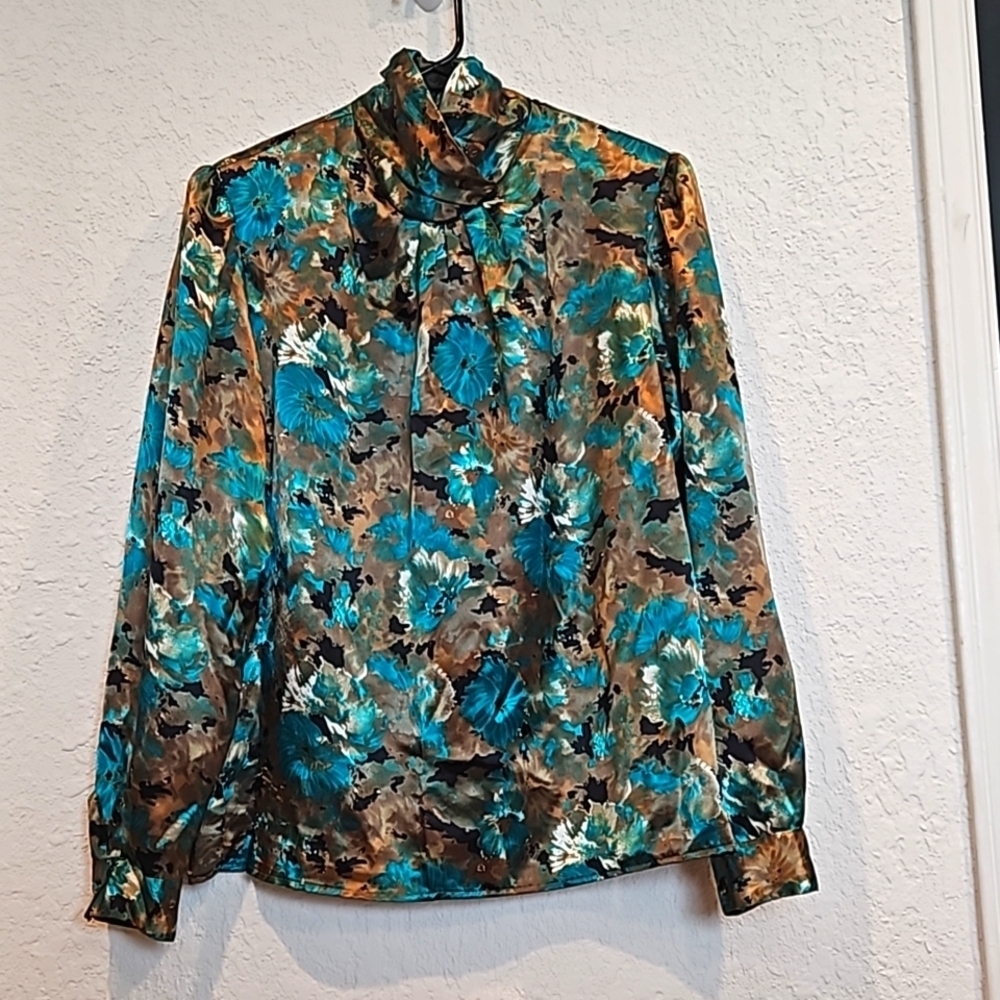 Vintage Fathena Torquoise Floral Victorian Blouse Size 6